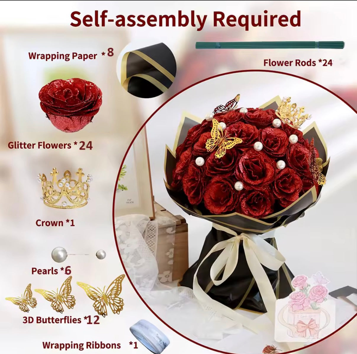 12/24 szt. Czerwone brokatowe róże Bukiet